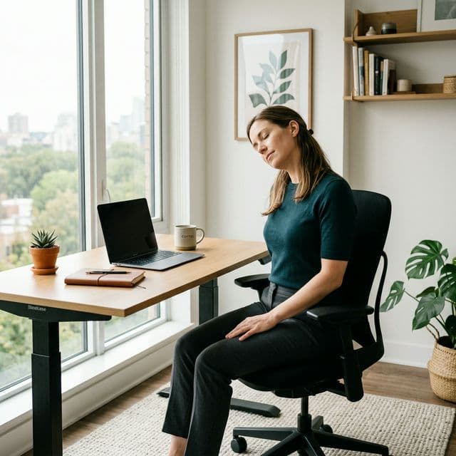 Person doing desk neck stretches in a modern home office
