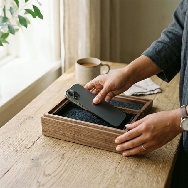 Smart phone placed in a wooden box for a digital detox night routine