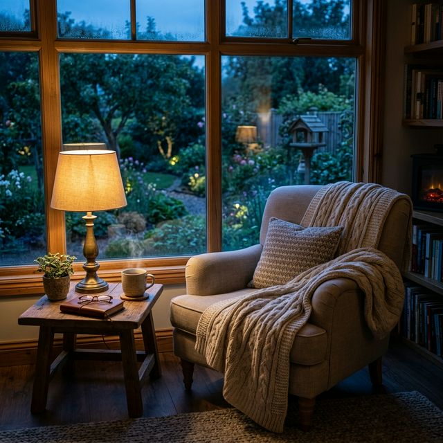 A cozy room at dusk, representing relief from Sunday Scaries